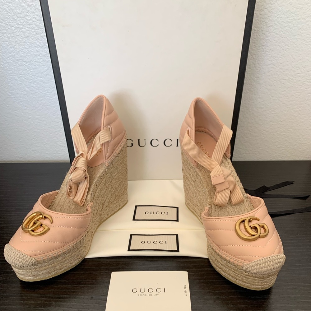 WOMENS GUCCI MARMONT CHARLOTTE PINK LEATHER HEEL PLATFORM ESPADRILLE SIZE 9 US